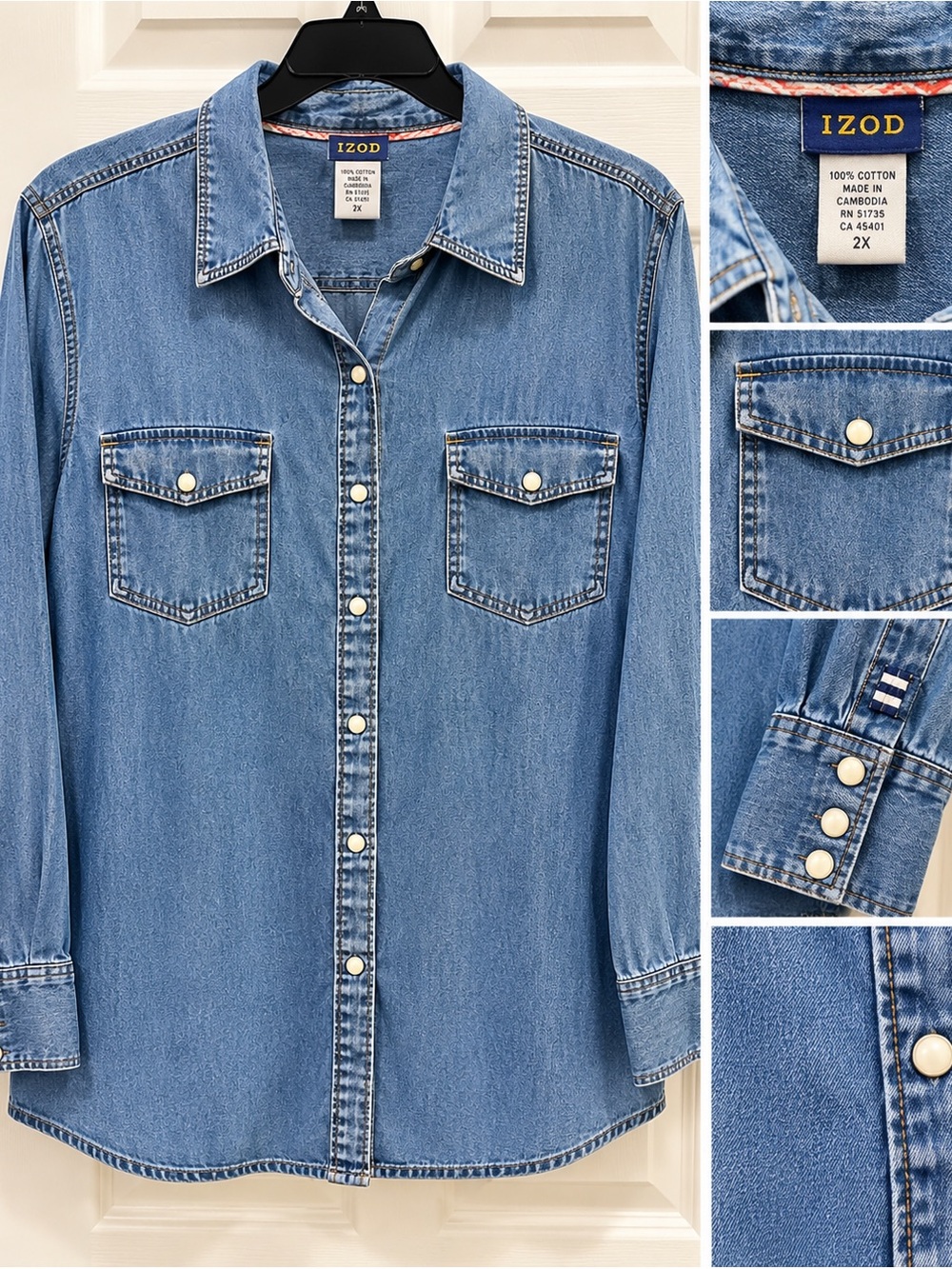 IZOD Women’s 2X Denim Chambray Button Down Shirt Snap Front Western Top